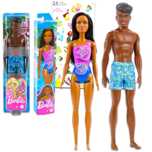 Barbie und Ken Puppen-Set für Kinder – Paket mit Strand-Barbie-Puppe und Strand-Ken-Puppe für Mädchen plus Aufklebern | Barbie und Ken Strandpuppenpaket von Disney