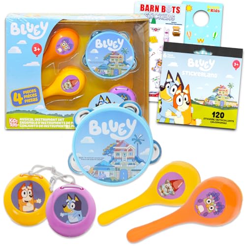 Bluey Musikinstrumente-Set – Bündel mit Bluey Tamburin, Maracas und Klöppel plus Bonusaufkleber für Kinder 1–3 | Bluey Musical Toys von Disney