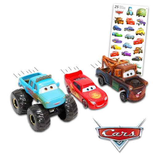 Disney Cars Toys 3er Pack Set – Paket von Pixar Cars Spielzeug enthält Lightning McQueen, Mater und Monster Truck Ivy Plus Aufkleber & Tattoos von Disney