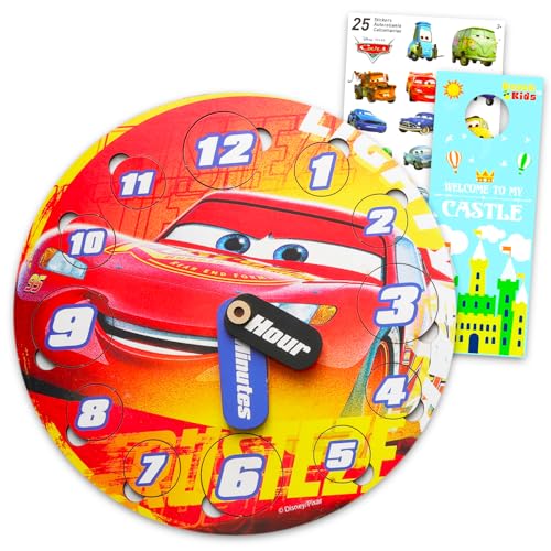 Disney Cars Uhr Puzzle-Sortierspiel für Kleinkinder, Kinder - Lernspielzeug-Bündel mit Lightning McQueen Holzuhr, Aufklebern, mehr | Disney Autos Zeiterzählung Lehrspielzeug aus Holz von Disney