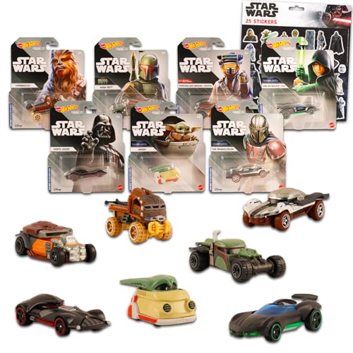 Disney Character Cars Hot Wheels Set – 7-teiliges Partyzubehör-Set mit Star Wars Hot Wheels Charakter-Autos und Aufklebern, Star-Wars-Partygeschenke von Disney