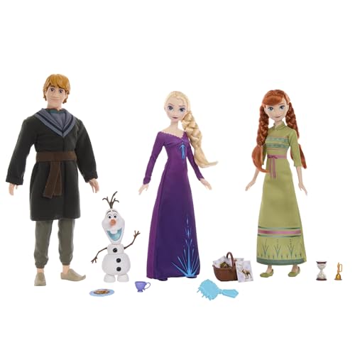 DISNEY Frozen Die Eiskönigin - Party Set mit beweglicher Anna, Elsa und Kristoff Puppen, Schneemann Olaf, Zubehör, für Kinder ab 3 Jahren, HLW59 von Mattel