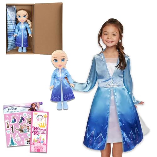 Disney Die Eiskönigin Elsa Puppe und Kleid für Mädchen – Paket enthält 35,6 cm große Frozen Puppe mit passenden Mädchen in voller Größe 4–6X Elsa Kleid für Rollenspiel Dress Up Plus Aufkleber | Elsa von Disney