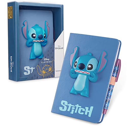 Disney Stitch A5 Notizbuch liniert mit Stift für die Schule - Tagebuch Set(Blau 3D) von Disney