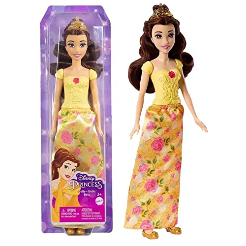 Disney Mattel Princess HLX31 Belle - Puppe mit typischem Outfit, abnehmbaren Schuhen und Diadem, Abnehmbarer Rock mit Blumenmuster, Lange Haare zum Frisieren von Disney