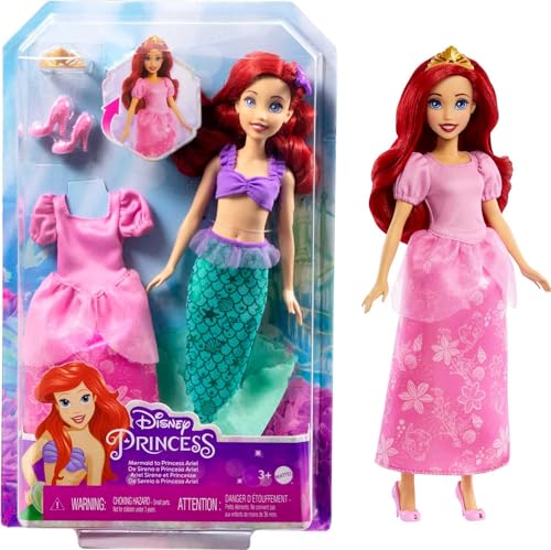 Disney Mattel Prinzessinnen-Spielzeug, Arielle, 2-in-1-Puppe, die von der Meerjungfrau zur Prinzessin Wird, mit 2 Moden und Accessoires, inspiriert von den Filmen von Mattel