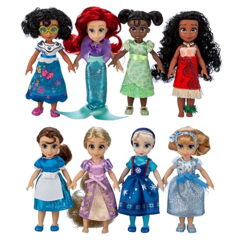 Disney Store Offizielles Once Upon a Story Prinzessinnen-Spielzeug-Set mit 8 beweglichen Mini-Puppen: Cinderella, Ariel, Belle, Tiana, Rapunzel, Elsa, Moana und Mirabel, wiederverwendbare Tragetasche von Disney Store