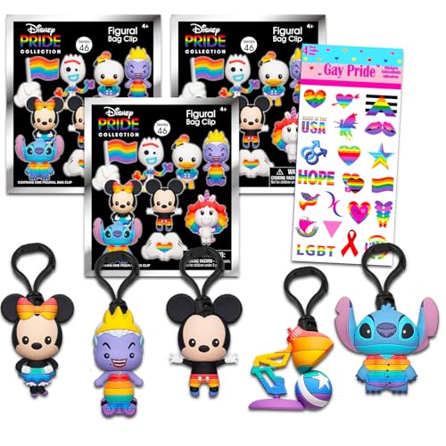 Disney Pride Blind Bag Partyzubehör, 3 Stück, Bündel mit 3 Disney Pride-Schlüsselanhänger-Figuren plus Pride-Aufklebern, Disney Pride-Kollektion, Taschenclips für Kinder, Erwachsene von Disney