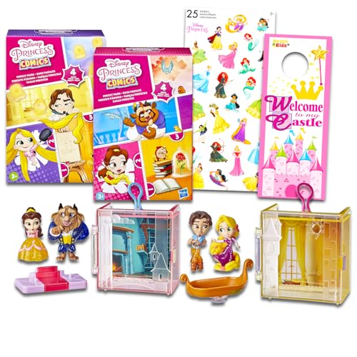 Disney Prinzessinnen-Mini-Puppen-Spielset für Mädchen – Bündel mit 2 Disney Prinzessinnen-Figuren-Sets mit Rapunzel, Die Schöne und das Biest plus Aufklebern | Disney Prinzessin perfekte Paare von Disney