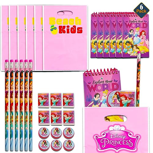 Disney Prinzessinnen-Partygeschenk-Set – 12-teiliges Set mit 6 Disney Prinzessinnen-Notizblöcken, Bleistiften und mehr plus 6 Geschenktüten, Disney Prinzessinnen-Partyzubehör für Mädchen von Disney