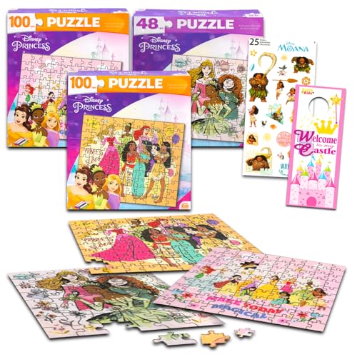 Disney Prinzessinnen-Puzzle für Kinder, Prinzessinnen-Aktivitätsset, 3er-Pack, Disney Prinzessinnen-Puzzle, 48, 100-teilige Puzzles plus Aufkleber, mehr | Prinzessinnen-Spielzeug für Mädchen von Disney