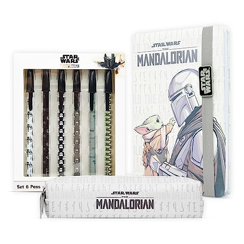 Disney The Mandalorian Schreibwaren-Set, Star Wars-Thema Stift-Set, mit 6X schwarzen Kugelschreibern, 1x Mäppchen und 1x A5 Notizbuch, ideal Kleine Geschenke für Kinder von Disney