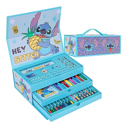 Disney Stitch Marker & Farbkasten Set, Zeichen- und Malset, 34-Teiliges Kunstset für Kinder mit Notizblock & Schreibwaren (Blau) von Disney