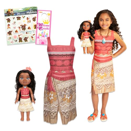 Disney Vaiana-Kleid für Mädchen, 4–6 x Vaiana-Kleid für Rollenspiele, mit passender Moana-Puppe und Aufklebern, Vaiana-Kostüm von Disney