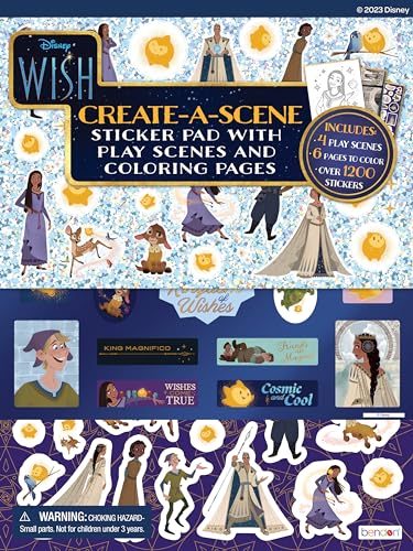 Disney Wish Create A Scene Stickerbuch mit 4 Spielszenen zum Dekorieren, 6 Seiten zum Ausmalen und 5 Bögen Aufkleber, über 1200 Sticker, Disneys 100th Anniversary, Bendon 58723, Mehrfarbig von Disney