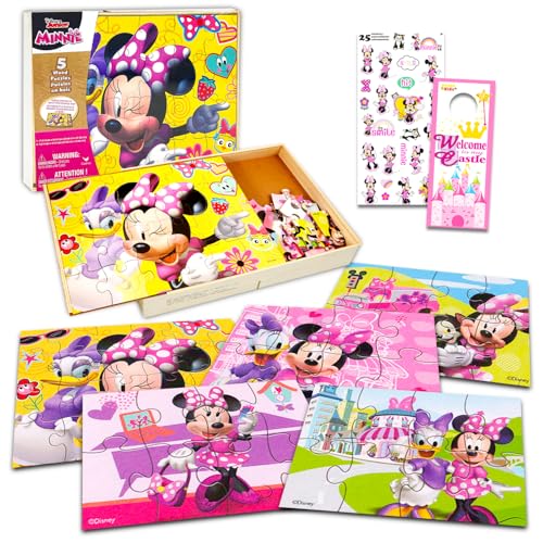 Minnie Mouse Holzpuzzle 5er Pack - Minnie Mouse Holzpuzzles Bundle mit Halteschale plus Minnie Aufkleber und mehr | Minnie Mouse Puzzles für Kinder, Mädchen von Disney