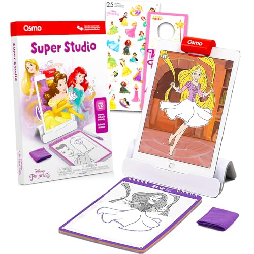 Osmo Super-Studio Disney Prinzessinnen-Zeichenset – Bündel mit Osmo-Basis, Disney Prinzessinnen-Lernbuch, Malvorlagen, Aufkleber, mehr | Osmo iPad-Zeichenbrett für Mädchen von Disney