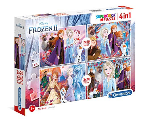 Clementoni 21307 Supercolor Frozen 2 – Puzzle 2 x 20 + 2 x 60 Teile ab 3 Jahren, buntes Kinderpuzzle mit besonderer Leuchtkraft & Farbintensität, Geschicklichkeitsspiel für Kinder von Clementoni