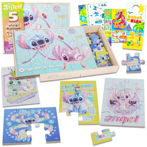 Stitch Holzpuzzle 5 Pack - Stich- und Engel-Holzpuzzles Bundle mit Haltetablett plus Tattoos, Aktivitätsbuch, mehr für Jungen, Mädchen | Stich-Puzzles für Kinder von Disney