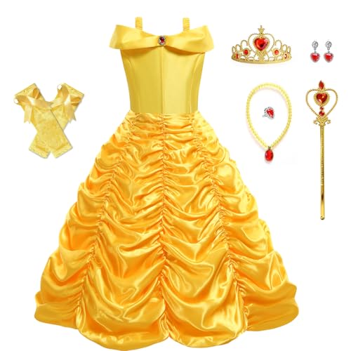 Disnnie Belle Kostüm Mädchen - Prinzessin Belle Kleid Drop Shoulder Kostüm Verkleiden Halloween Weihnachten Geburtstag Party Cosplay Kostüme Zubehör für Kinder von Disnnie