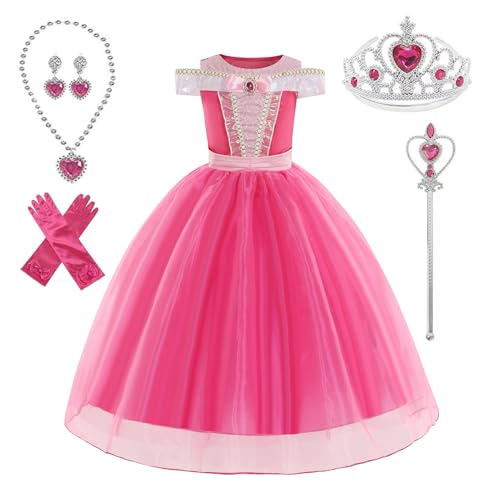 Disnnie Mädchen Belle Aurora Kleid Kostüm -Schlafende Prinzessin Fancy Dress Up Party Kostüme Kleider mit Krone Wand Ohrringe Halskette Ring Bow Sleeves für Mädchen 2-9 Jahre von Disnnie