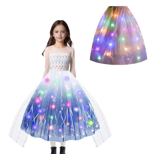 Disnnie Light Up Prinzessin Kleid für Mädchen, Elsa Weiß Kostüm Kinder mit Led Dress Up für Karneval Cosplay Halloween Weihnachtsfeier Geburtstag von Disnnie