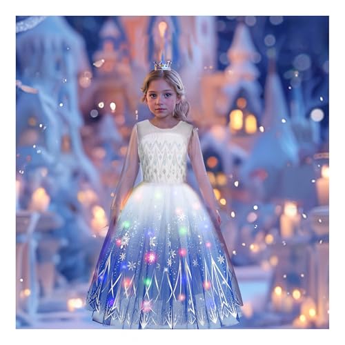 Disnnie Light Up Prinzessin Kleid für Mädchen, Elsa Weiß Kostüm Kinder mit Led Dress Up für Karneval Cosplay Halloween Weihnachtsfeier Geburtstag von Disnnie