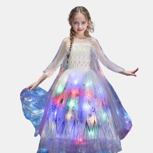 Disnnie Light Up Prinzessin Kleid für Mädchen, Elsa Weiß Kostüm Kinder mit Led Dress Up für Karneval Cosplay Halloween Weihnachtsfeier Geburtstag von Disnnie