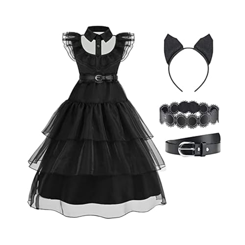 Disnnie Mittwoch Kostüm Schwarzes Kleid für Mädchen Gothic Cosplay Kinder Dress Up Mittwoch Mesh Flare Kleid für Halloween Cosplay Party von Disnnie