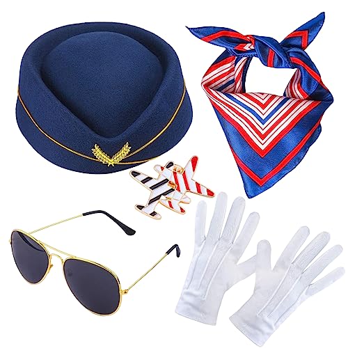 Ditanpu Stewardess-Kostüm Für Damen, Flugzeugbrosche, Hut, Sonnenbrille, Schal, Handschuhe, Damen Stewardess Kostümzubehör Flugbegleiterin Hut Mit Stewardess Cosplay Kostümzubehör von Ditanpu