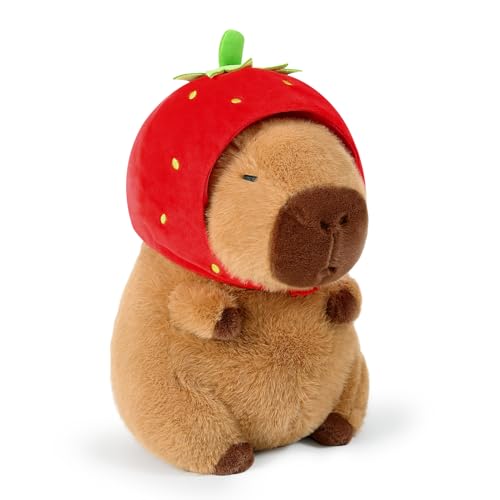 Ditucu Niedlicher Capybara-Plüsch, Erdbeerhut, weiche Capibara-Stofftiere, Spielzeug, Umarmungsgeschenke für Kinder, Braun, 43,2 cm von Ditucu