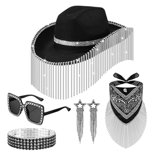 Diuyzoc Strass Cowboyhut Set,Cowgirl Hut Bling Set,5X Disco-Cowboyhut-Set | Sonnenbrille Bling Armband Quaste Ohrringe Bandana Set, Cosplay Zubehör für Frauen Cosplay Halloween von Diuyzoc