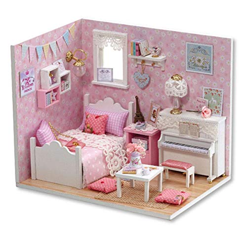 DIY Miniatur Haus Puppenhaus Kit mit Möbel LED Beleuchtung, Mini Gemütliches Schlafzimmer Wohnzimmer Handgefertigt Puppenstuben Kunsthandwerk Geschenk Modell für Kinder Erwachsene(Pink) von Diyeeni