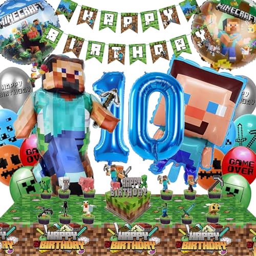 Minecraft Geburtstagsdeko 10 Jahre Junge Mädchen - Minecraft Deko Geburtstag 10 Minercraft Luftballons Geburtstag Girlande Minecraft Tortendeko Miner Gamer Tischdecke Minecraft Party Deko Set von Diyooisx