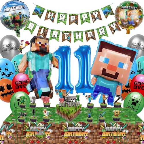 Minecraft Geburtstagsdeko 11 Jahre Junge Mädchen - Minecraft Deko Geburtstag 11 Minercraft Luftballons Geburtstag Girlande Minecraft Tortendeko Miner Gamer Tischdecke Minecraft Party Deko Set von Diyooisx