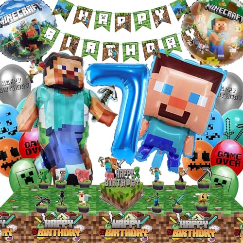 Minecraft Geburtstagsdeko 7 Jahre Junge Mädchen - Minecraft Deko Geburtstag 7 Minercraft Luftballons Geburtstag Girlande Minecraft Tortendeko Miner Gamer Tischdecke Minecraft Party Deko Set von Diyooisx