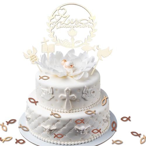 Tortendeko Kommunion, 5 Stück Cake Topper Kommunion und 18 Stück Holz Fische Streudeko Tischdeko, Kommunion Kuchen Deko Torte Tortenstecker für Erstkommunion Deko Junge Mädchen von Diyooisx