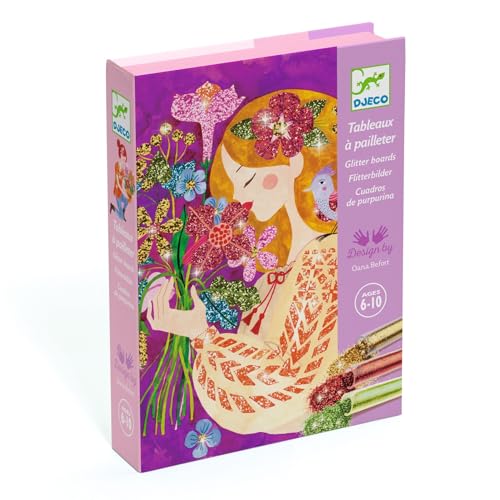 Djeco Kreatives Set mit Pailletten, Duft der Blumen, 6 – 10 Jahre – 4 bedruckte und vorgeklebte Karten, Pailletten, Pinsel, Box und Anleitung – Kreativset für Kinder – Aktivität ohne Unordnung von Djeco