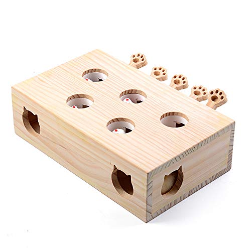 Cunluna Interaktives Katzenspielzeug, Holz, Spielzeug, Maulwurf Maus, Puzzle Box mit süßen Cartoon Spielzeugen für Katzen, Jagd, Spielen, Trainieren, Kratzen – 5 Löcher,A von Cunluna