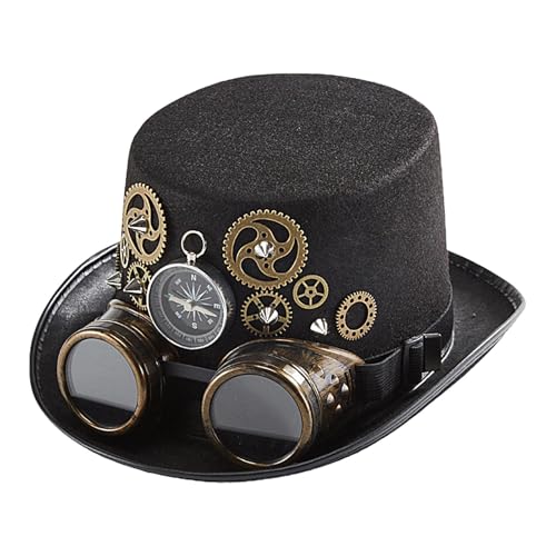 Djowyh Steampunk-Hut, Steampunk-Zylinder,Gothic Steampunk Brille & Zylinder für Erwachsene - Halloween-Kostümhüte für Cosplay-Maskerade, Foto-Requisiten für Damen und Herren von Djowyh