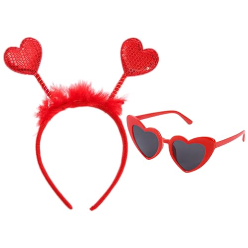 Dmnnlp Valentinstag Herz Haarreif und Herz Brille, Rotes Pailletten Herz Haarband, Valentinstag Rot Haarreif Sonnenbrille Deko für Mädchen Valentinstag Herzschmuck Kostüm Zubehör von Dmnnlp