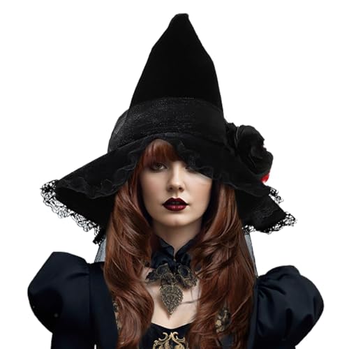 Dmuzsoih Schwarzer Hexenhut für Frauen,Halloween Frauen Hexenhut - Halloween schwarzer Hexenhut mit Blume,Halloween Schwarzer Hexenhut Zauberer Cosplay Hut für Halloween Kostüm, Kostüm Dress Up von Dmuzsoih