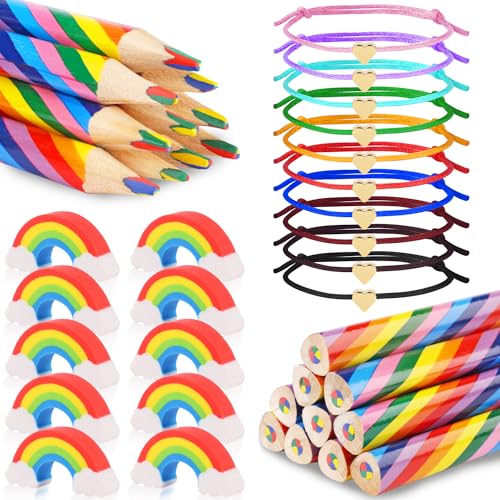 Dncvb 30 Pcs Regenbogenstift Set,Jumbo Regenbogen Buntstifte 10 Buntstifte Kinder 10 Regenbogen Radiergummis 10 Herz Freundschaftsarmband,Farbstifte Regenbogen für Kunst Zeichnung,Geschenk für Kinder von Dncvb