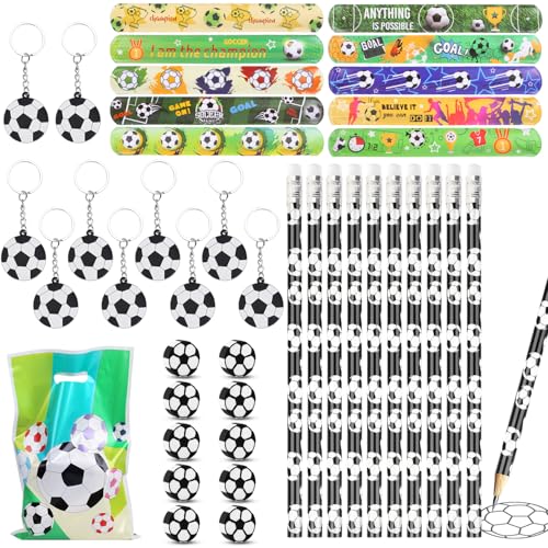 Dncvb 50 Stk Fussball Mitgebsel,10 Fußball Bleistifte,10 Fußball Radiergummi,10 Schlüsselanhänger Fußball,10 Geschenktüten Fussball,10 Fußball Armbänder,Fussball Geschenke für Junge und Mädchen von Dncvb