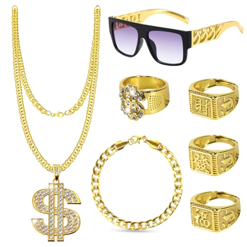 Dncvb 8 Stück Zuhälter Kostüm, Hip Hop Kostüm Kit, Rapper Kostüm Zubehör, Goldkette Herren Gangster Gang Sonnenbrille Goldene Dollar Kette Ring Hanzi-Ringe für 80er 90er Jahre Outfit Herren Accessoir von Dncvb