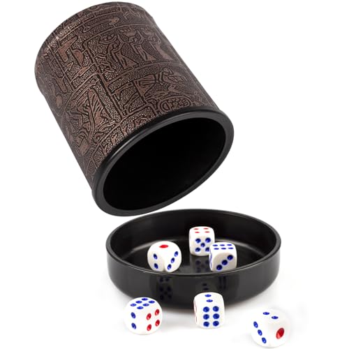 Dncvb Würfelbecher Set mit 6 Würfeln Kniffelbecher Leder mit Deckel, Knobelbecher mit Gravur 9 cm Leder Würfelbecher Klassischer Handgearbeiteter für Liars Farkle Yahtzee-Brettwürfelspiele von Dncvb