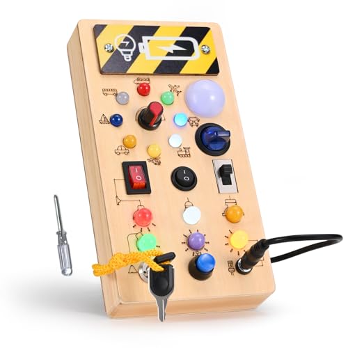 Do-Electr Montessori Busy Board - LED Lichtschalterspielzeug Activity Board Holzspielzeug mit 8 Schalter Sensorisches Lernspielzeug für Kleinkinder ab 2 3 4 Jahr, NS-YF-044 von Do-Electr