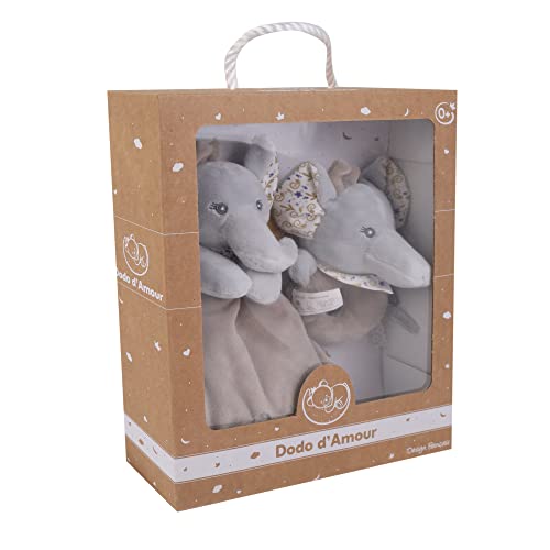 Dodo d'AMOUR - Set aus quadratischem Kuscheltier und Rassel - Elefant - 032191 - Beige - Fleece - Geburt - Plüschtier - Baby - Beruhigend - Weich - Waschbar - 29 cm x 22 cm - Ab 0 Monaten. von Dodo d'AMOUR