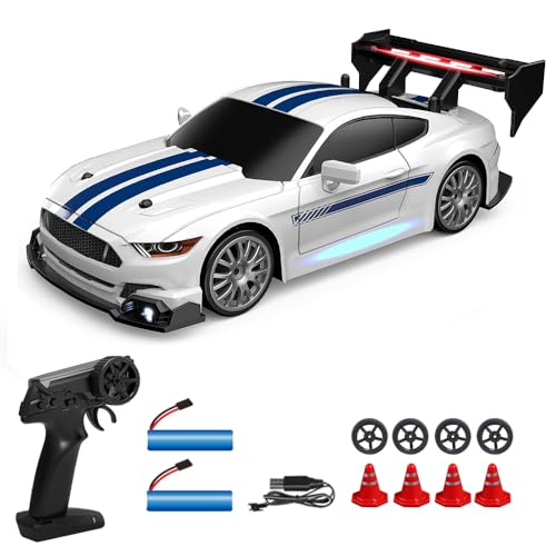 Dodoore Ferngesteuertes Auto 30+km/h 1/24 RC-Drift-Auto 4WD Hohe Geschwindigkeit Rennauto 50+Min Spielzeit Coole LED-Leuchten Auswechselbare Reifen Wiederaufladbar Kindergeschenk 2 Batterien Weiß Blau von Dodoore