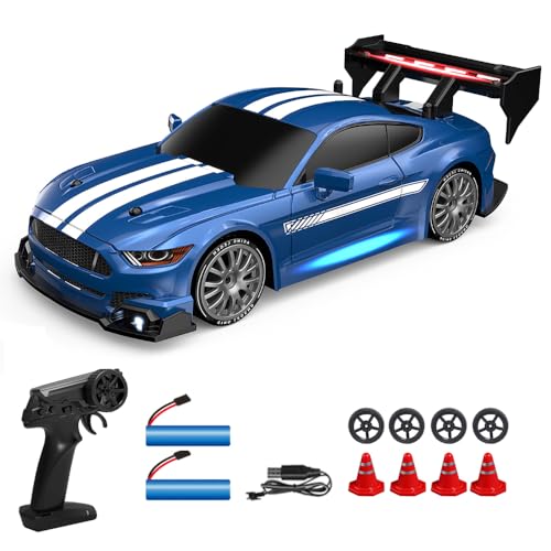 Dodoore Ferngesteuertes Auto 30+km/h 1/24 RC-Drift-Auto 4WD Hohe Geschwindigkeit Rennauto 50+Min. Spielzeit Coole LED-Leuchten Auswechselbare Reifen Wiederaufladbar Kindergeschenk 2 Batterien Blau von Dodoore